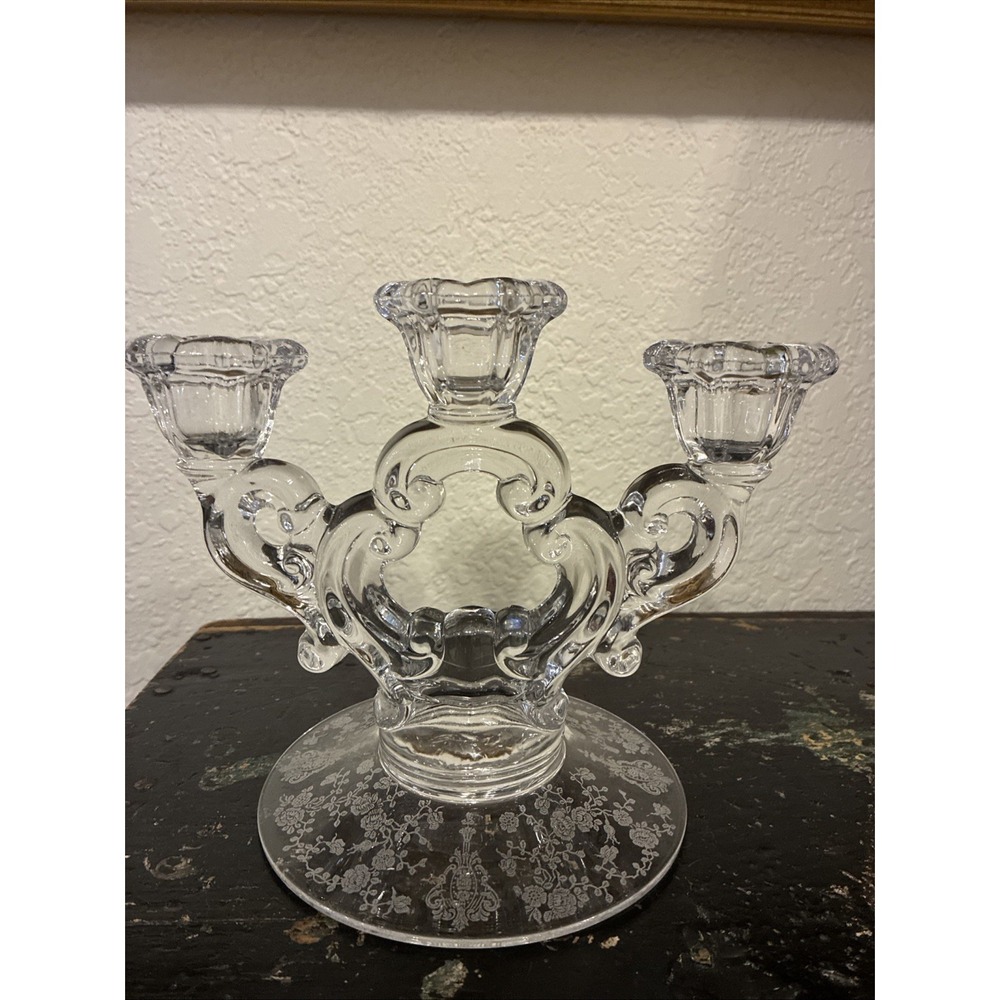 Cambridge Rose Point Etched Base Keyhole 3 Light Candlestick Vintage Candelabra